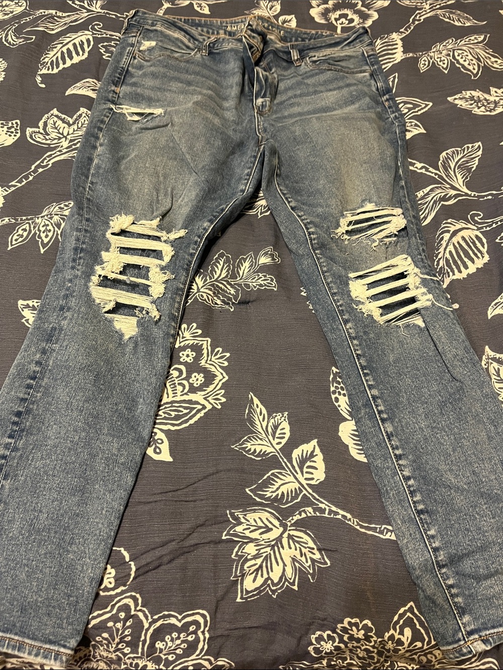 American Eagle Outfitters Distressed Skinny Jeans in Blue Wash
